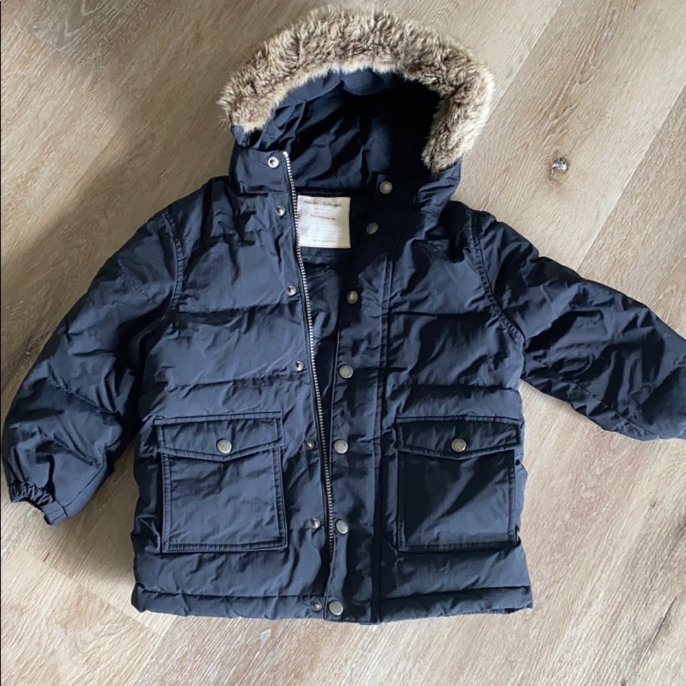 Kids Navy Puffer Jacket with Faux Fur Hood